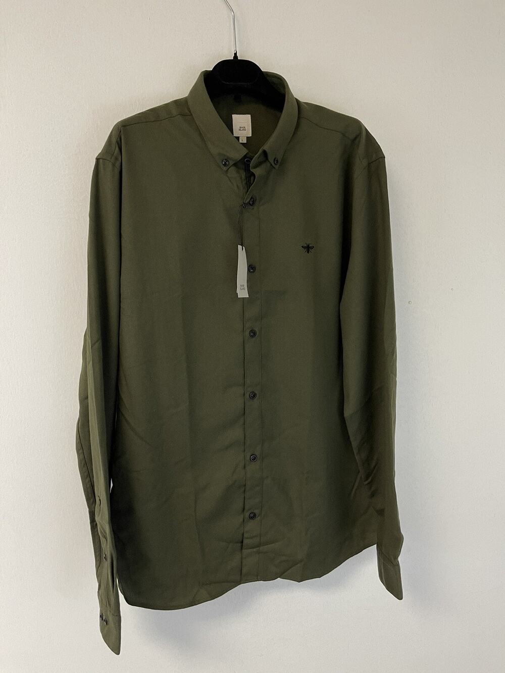 River Island Shirt Mens 2XS Button Up Green Solid Long Sleeve Viscose N220